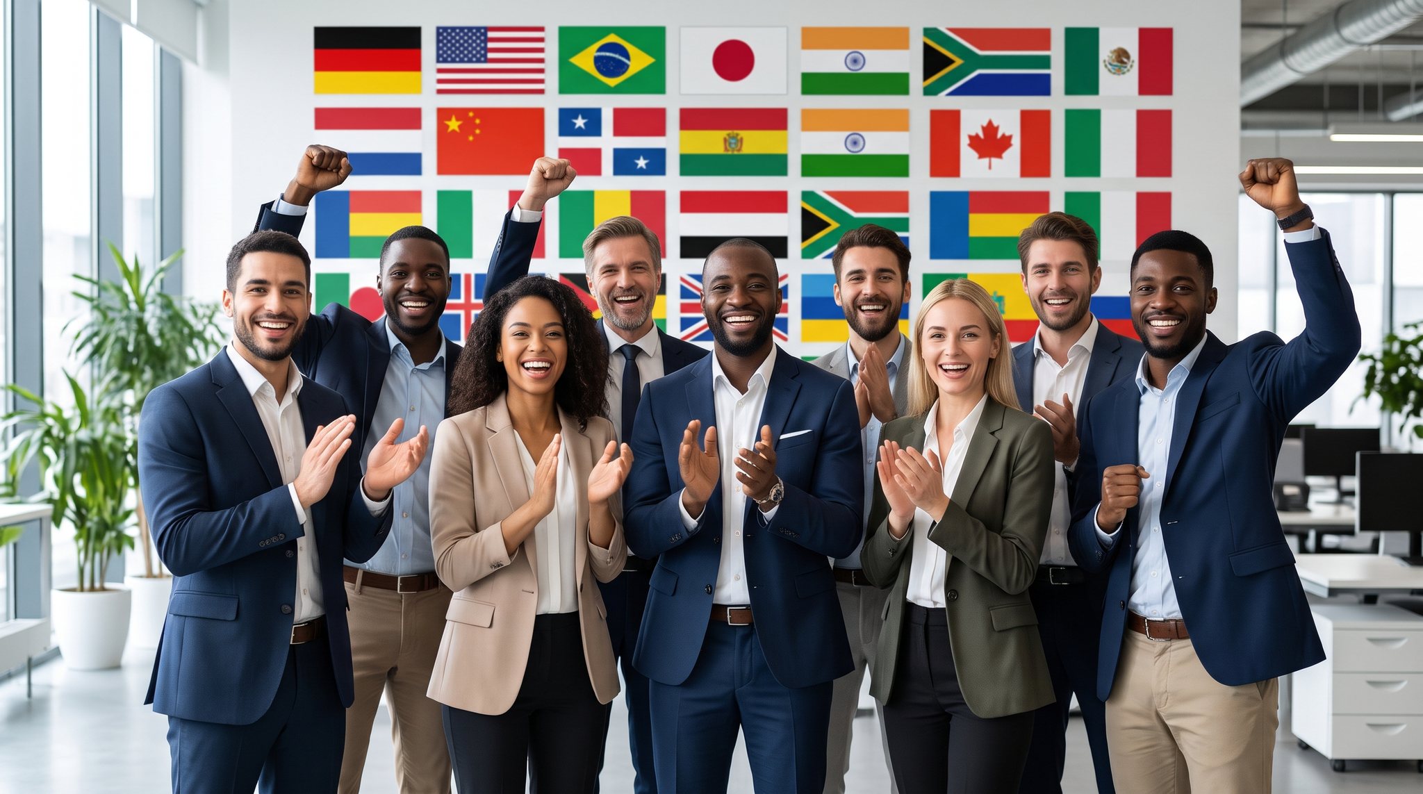 Jubelndes internationales Team vor vielen Landesflaggen