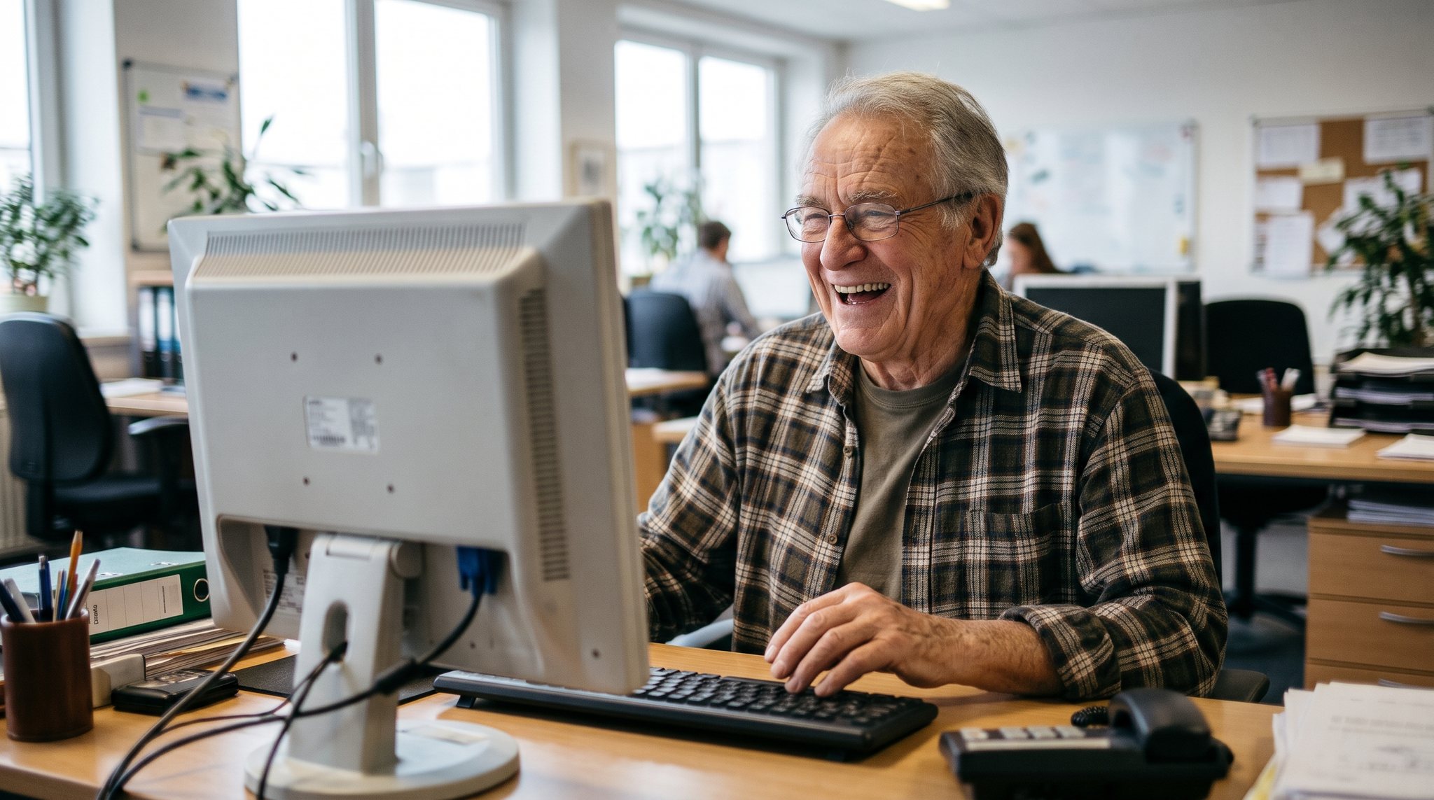 Älterer Mann lacht am Bürocomputer
